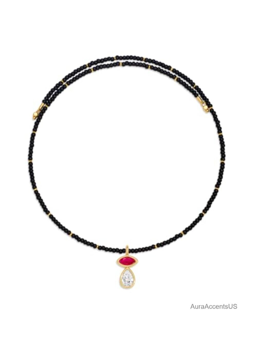 Seed Bead Choker Necklace with Red CZ Pendant Adjustable Collar